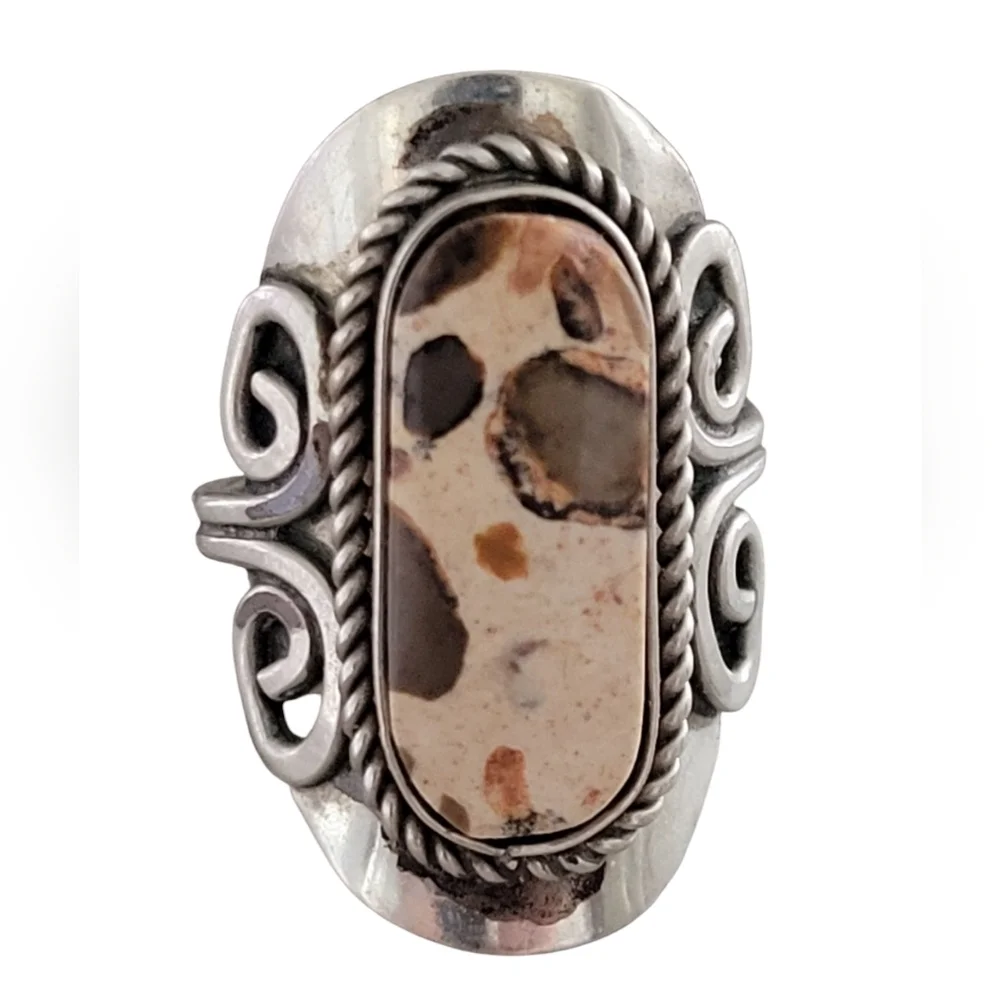 Artisan Silver & Earth-Tone Swirl Statement Ring Adjustable Boho-Luxe Band - Picture 5 of 10